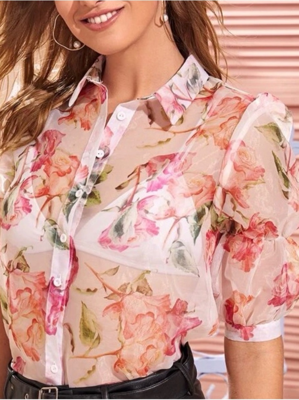 Lulu's Sheer Floral Button-Down Blouse in Pink and Green